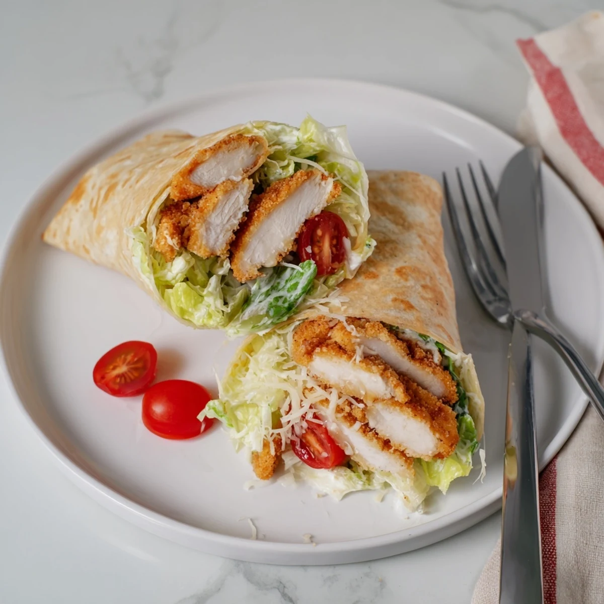 A handheld Hot Honey Chicken Caesar Wrap, perfectly rolled with crunchy croutons and cherry tomatoes, served on a wooden plate.