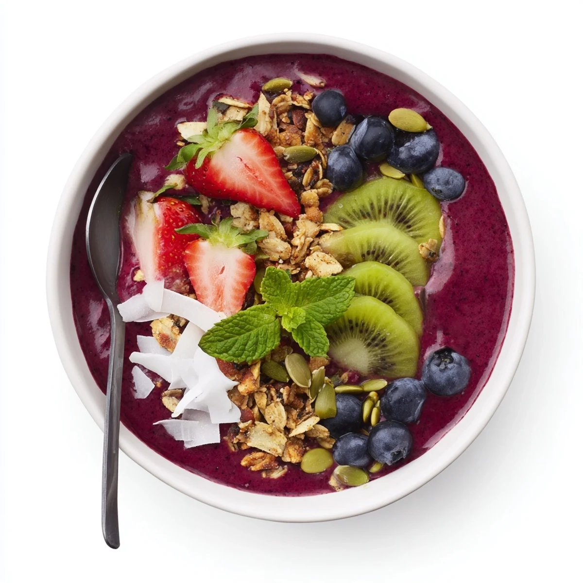 Vibrant Beet and Berry Smoothie Bowl topped with crunchy granola swirls.