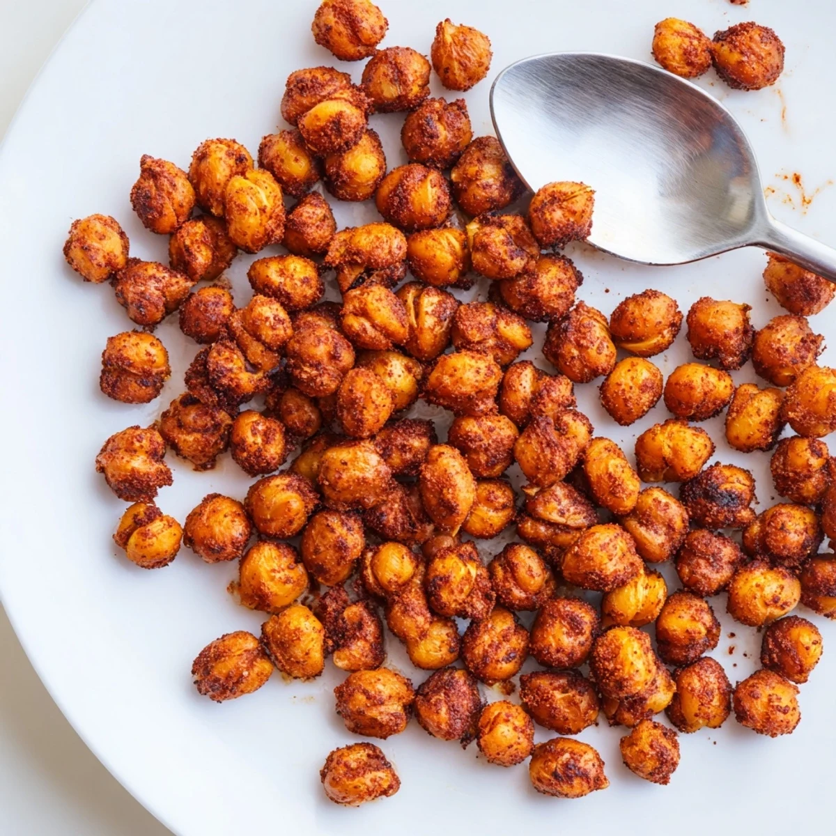 Golden roasted chickpeas tossed in paprika and cumin spices, served warm from the oven in a white bowl.  