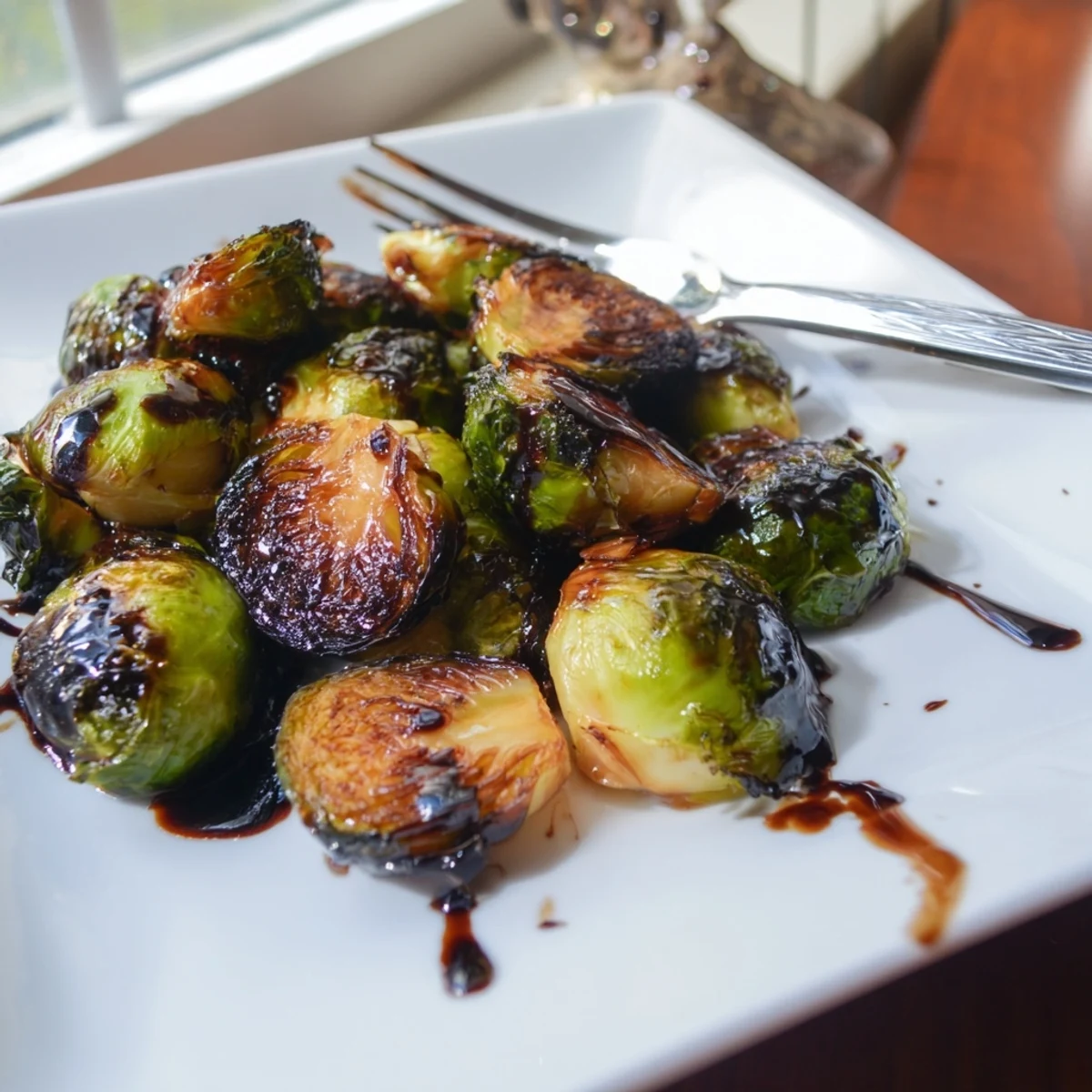 Freshly roasted Brussels sprouts with a caramelized exterior and tangy balsamic glaze on a white plate.