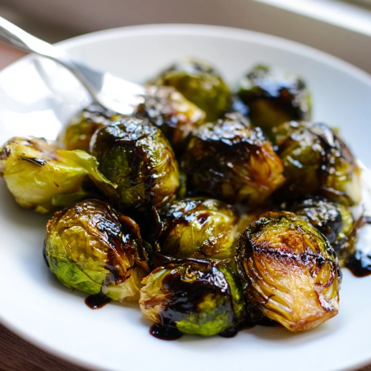 Roasted Brussels sprouts served warm with a sweet balsamic drizzle, perfect for a holiday side dish.