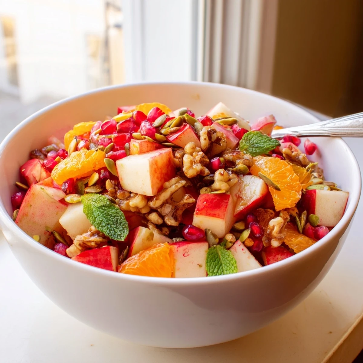 Pomegranate and Walnut Salad with bright red seeds, diced apple, and crunchy walnuts tossed in a light lemon dressing.