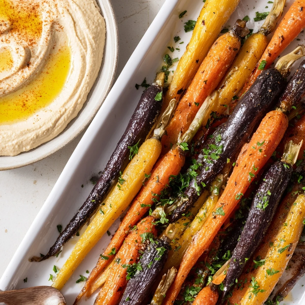 Freshly roasted rainbow carrots, lightly caramelized, served alongside a creamy tahini hummus on a rustic platter.