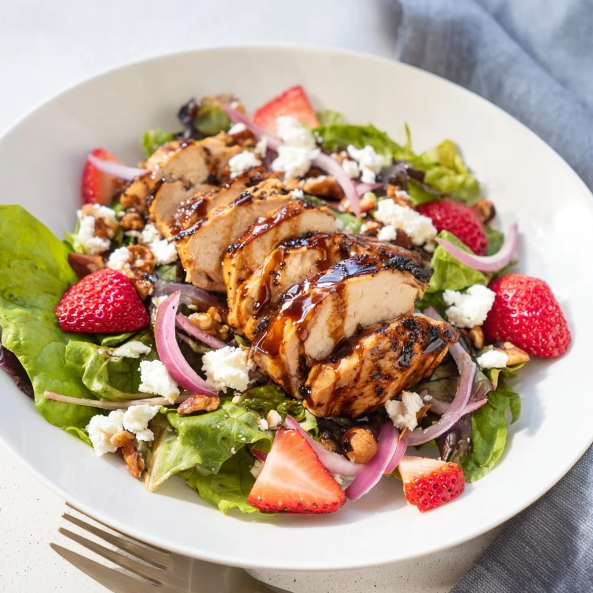 A close-up view of Honey Balsamic Chicken Salad, featuring juicy chicken and vibrant strawberries on a bed of fresh greens.