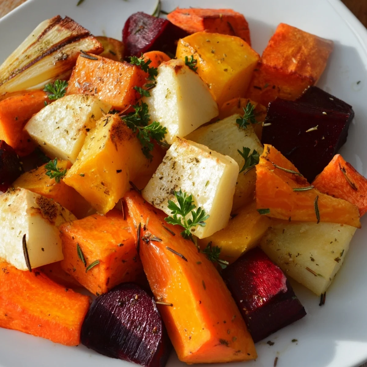 Colorful Roasted Root Vegetable Medley served warm as a hearty vegetarian side dish with herbs.