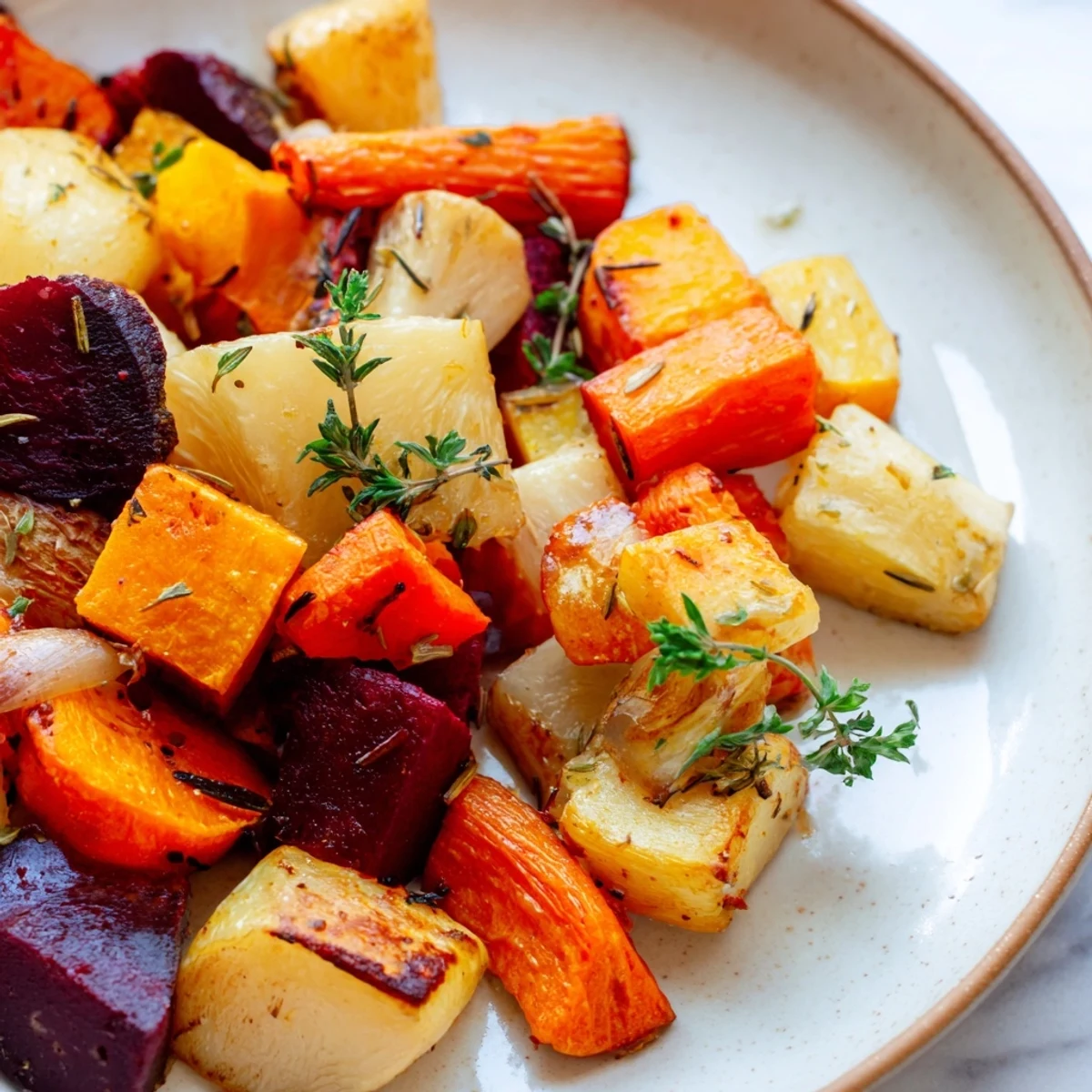 Fork-tender Roasted Root Vegetable Medley baked with thyme and rosemary, ready for a family-style dinner.