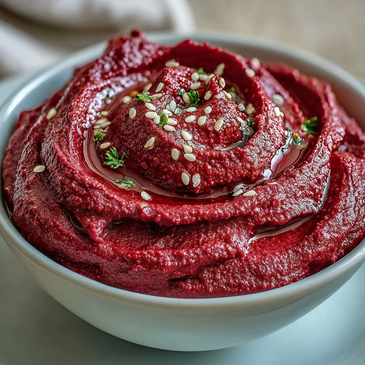 Vibrant Roasted Beet Hummus marbled with creamy tahini and olive oil.