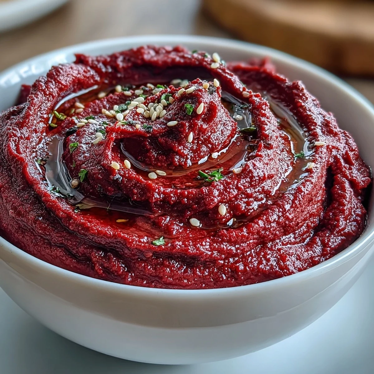 Creamy, earthy Roasted Beet Hummus garnished with fresh herbs and olive oil.