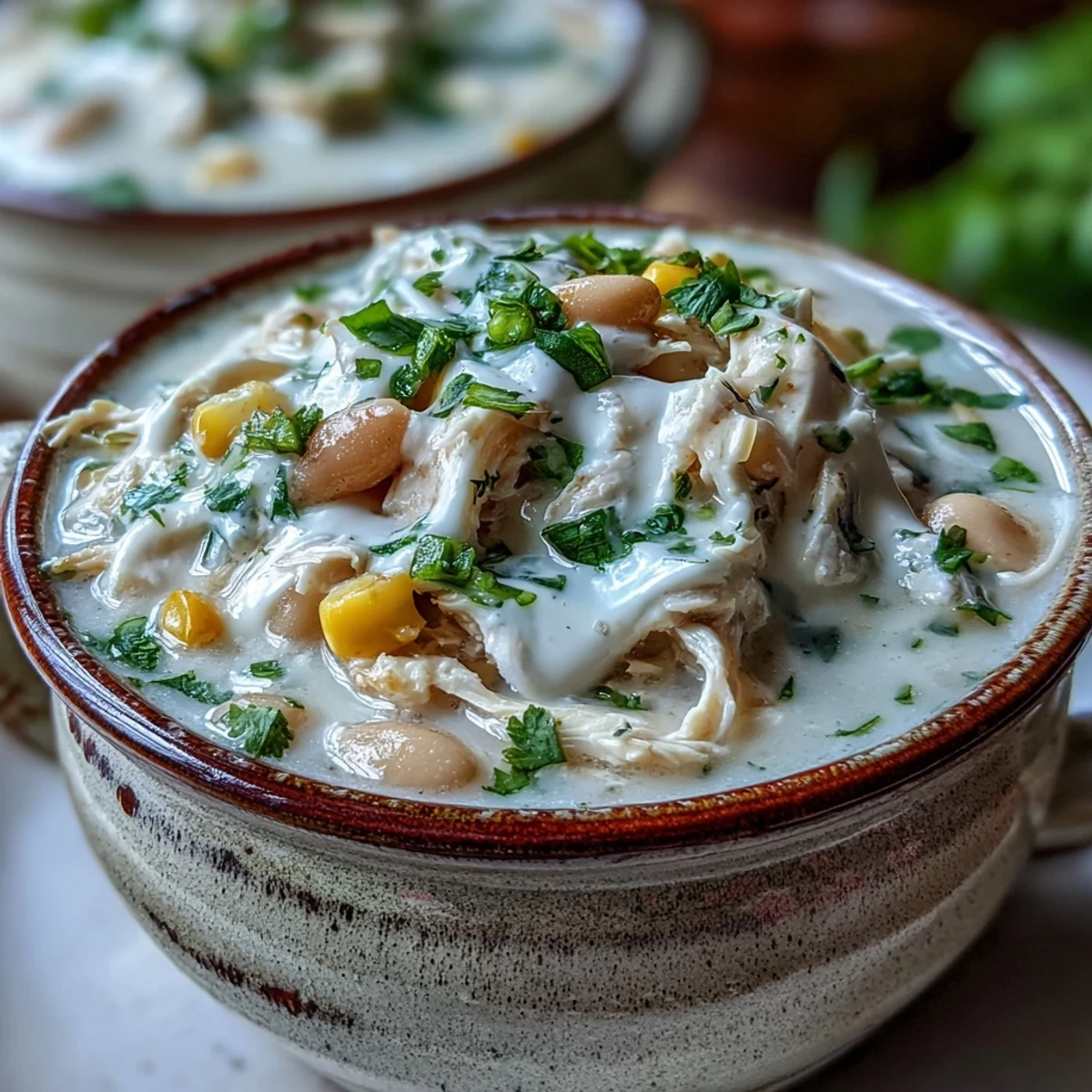 A warm bowl of White Chicken Chili topped with cilantro and melted cheese, served with cornbread for dipping.