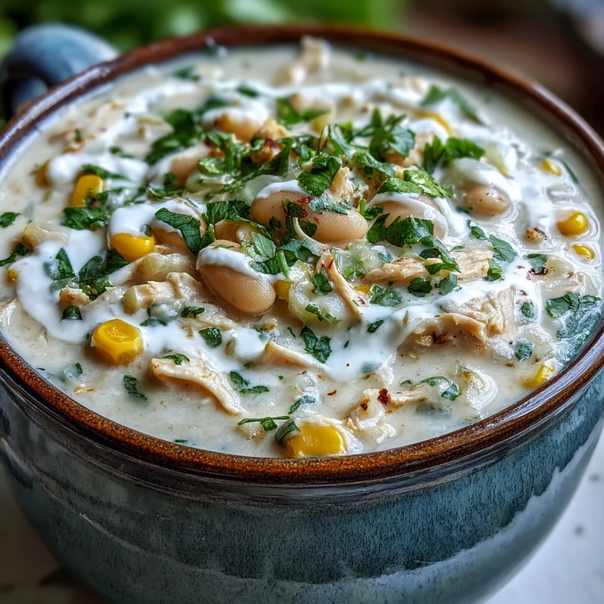 Close-up of White Chicken Chili in a white bowl, garnished with green onions and lime wedges.