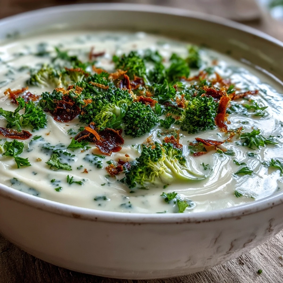 Creamy Vegetable Soup steaming in a white bowl, garnished with fresh parsley and a swirl of cream, perfect for cozy lunches.