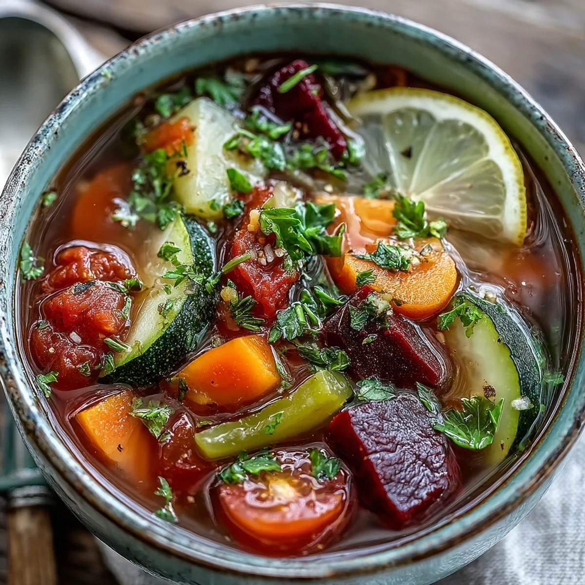 Vibrant red beetroot, orange carrots, and green zucchini simmer in a large pot of Rainbow Vegetable Detox Soup. 