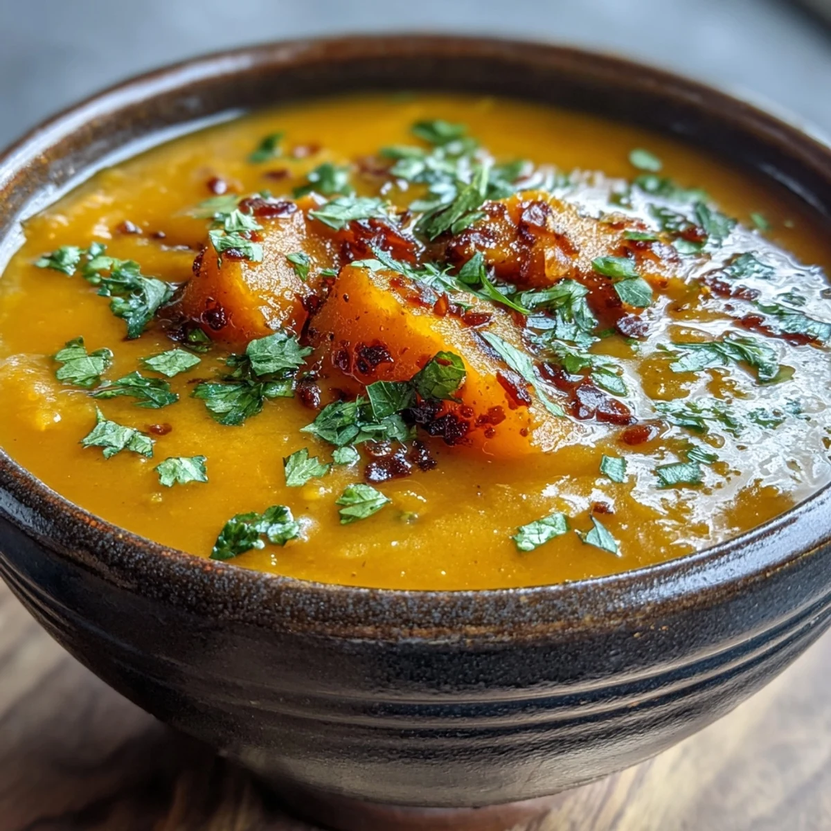 Golden roasted butternut squash cubes and simmering red lentils create a vibrant, hearty soup in a rustic pot.