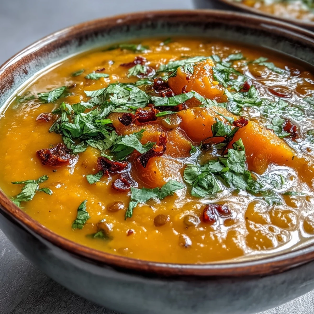 Creamy butternut squash and lentil soup garnished with fresh cilantro and a lemon wedge.