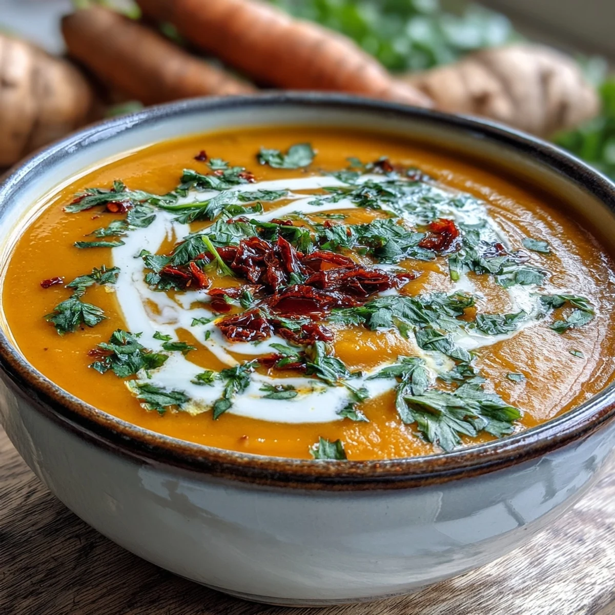 Steaming pot of Carrot, Celeriac and Chilli Soup featuring sautéed onions, carrots, and spices for garnish.