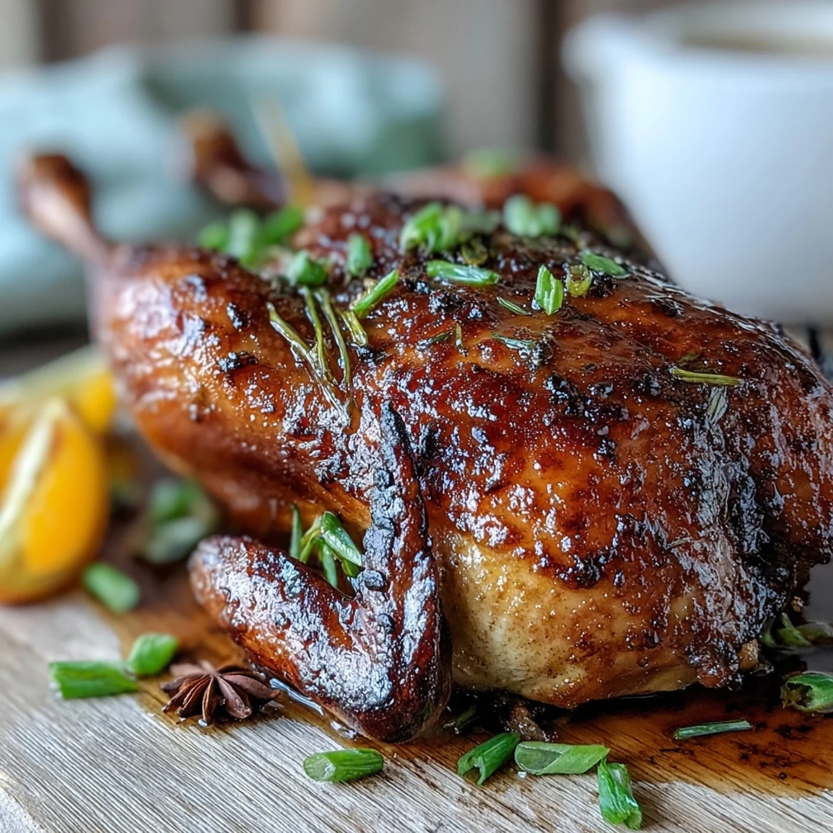 Golden-brown Five-Spice Roast Ducks resting after roasting, served with steamed rice and stir-fried greens.