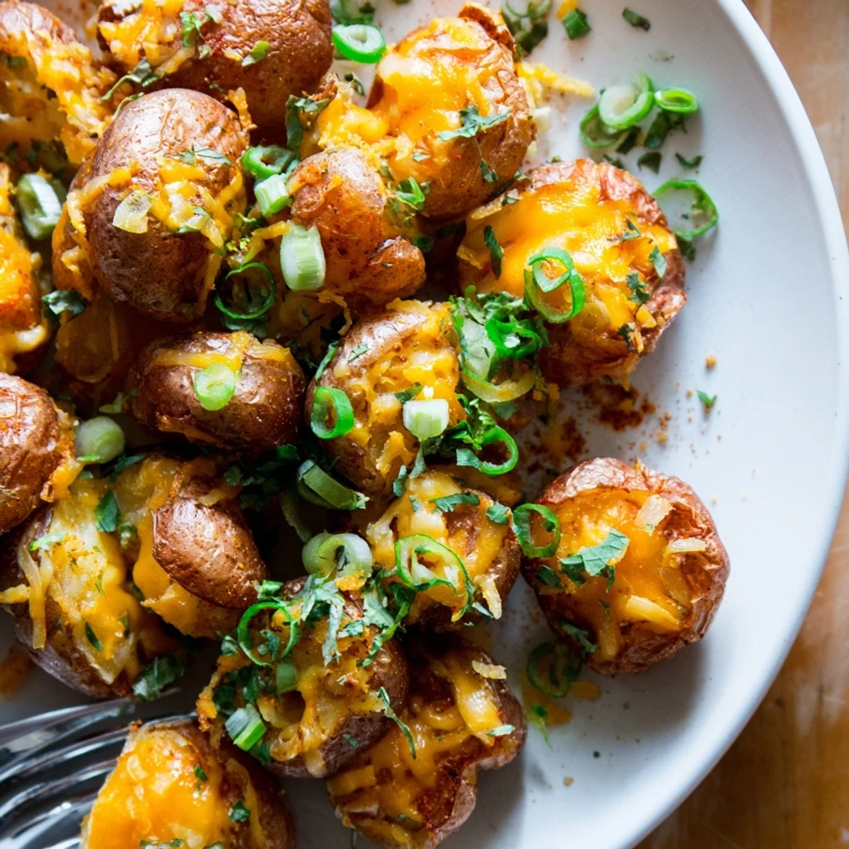 Crispy smashed green onion potato bombs topped with melted cheddar cheese and herbs.  