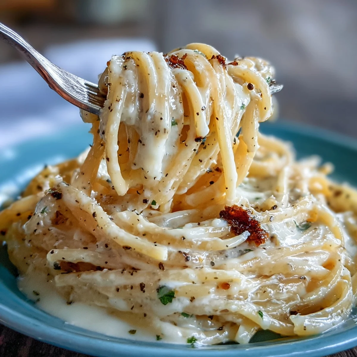 A warm plate of Cacio e Pepe pasta features spaghetti coated in a glossy, creamy Pecorino Romano sauce flecked with freshly cracked black pepper.