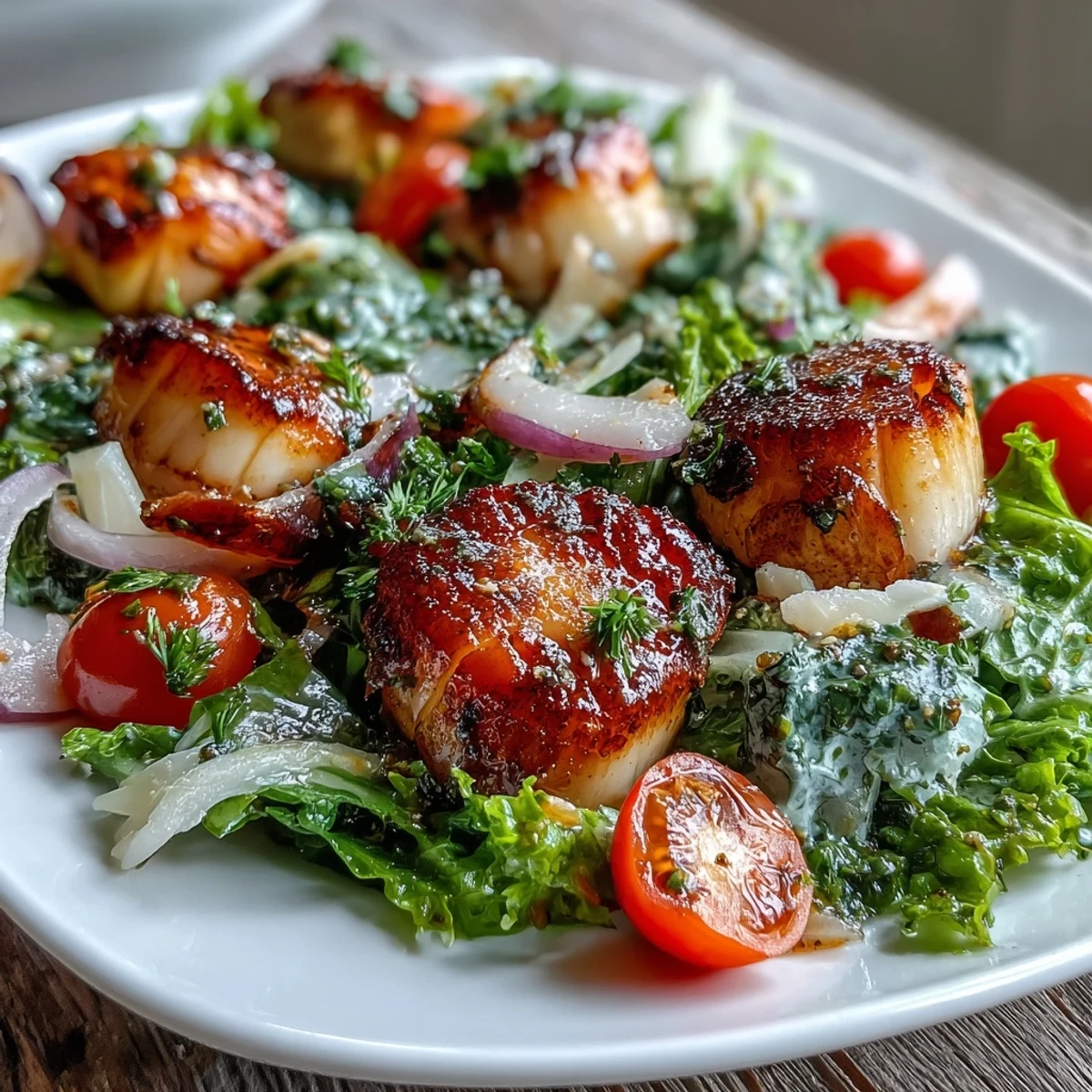 Four golden seared scallops rest on a vibrant green salad of escarole, cherry tomatoes, and red onion, drizzled with bright pesto vinaigrette.