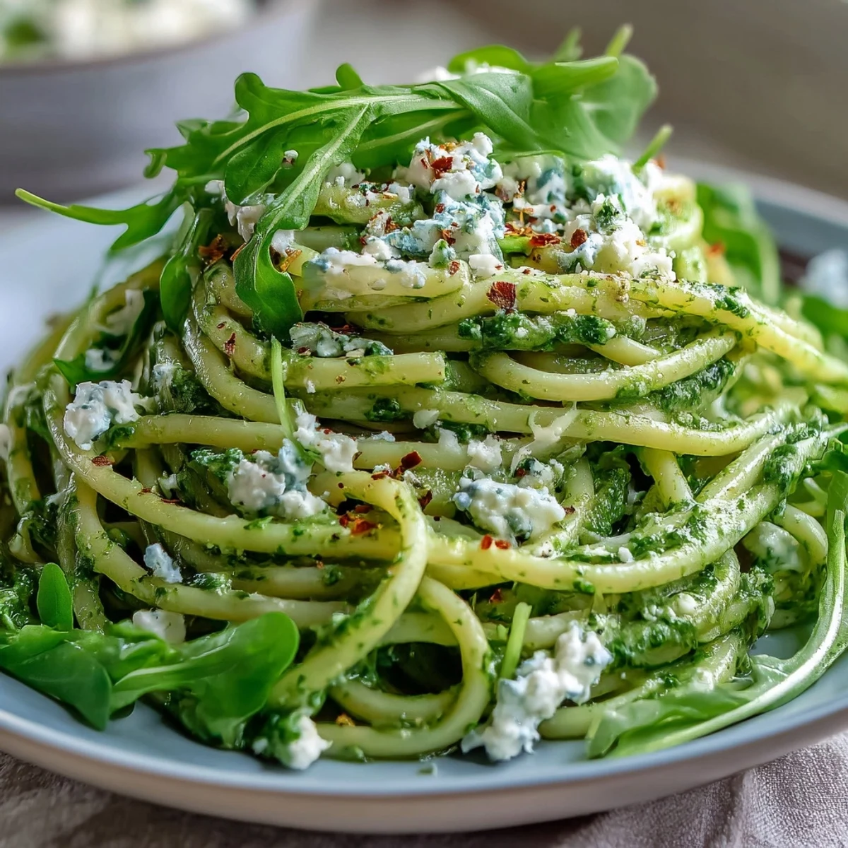 Twirling strands of Linguine with Arugula Pesto glisten with emerald green sauce, garnished with extra peppery leaves and shaved Parmesan.