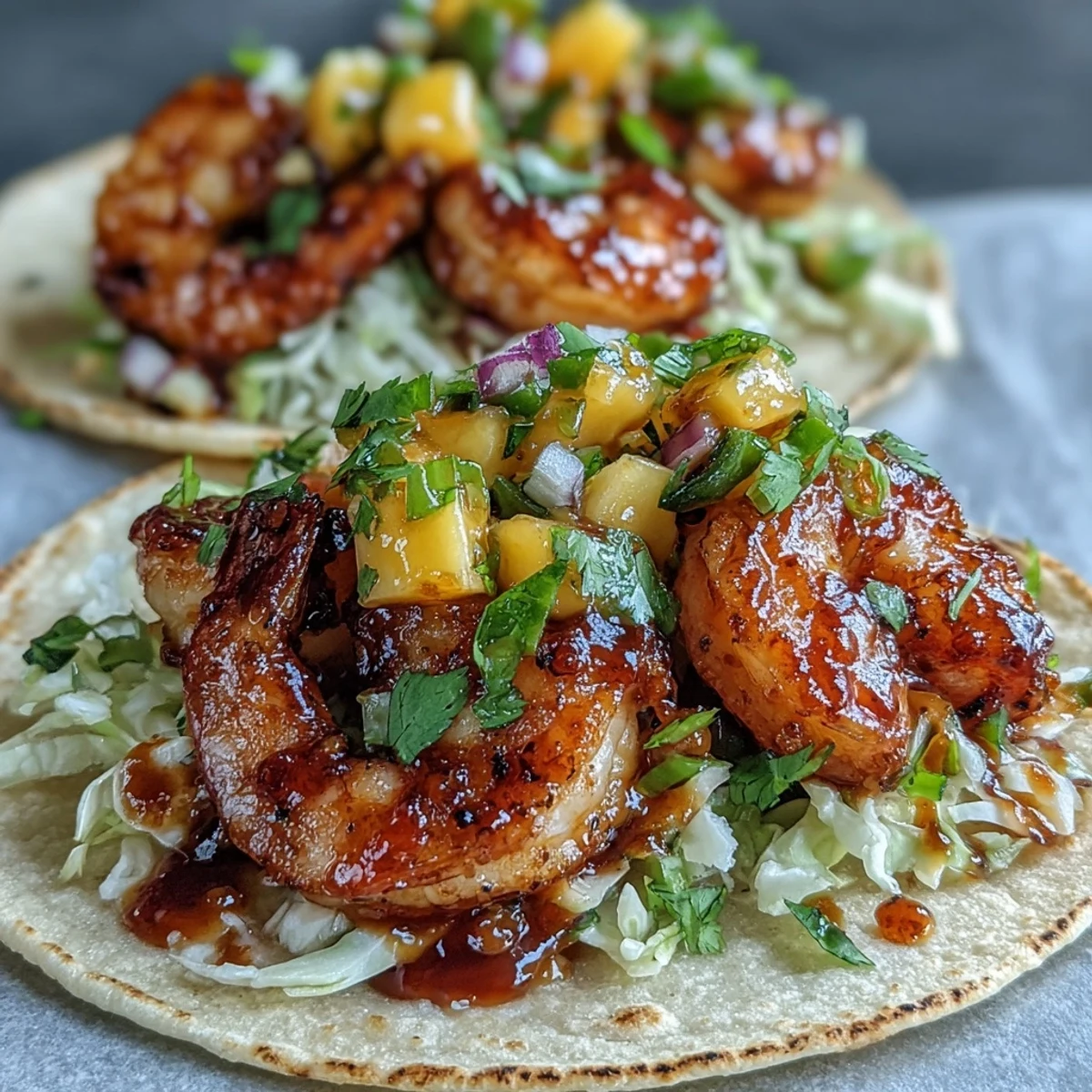 Warm tortillas hold spicy sriracha shrimp and vibrant mango salsa, topped with crisp red cabbage and fresh lime wedges for a flavorful bite.
