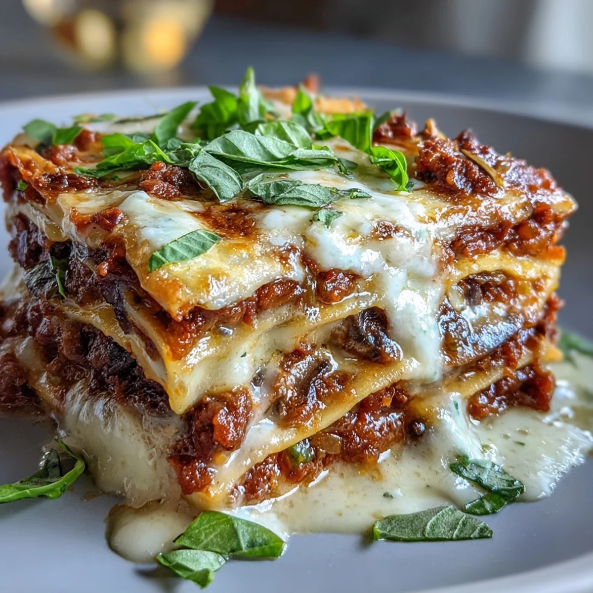 Close-up on layered One-Pan Smoky Veggie Lentil Lasagne featuring lentils, mushrooms, zucchini, and creamy ricotta.