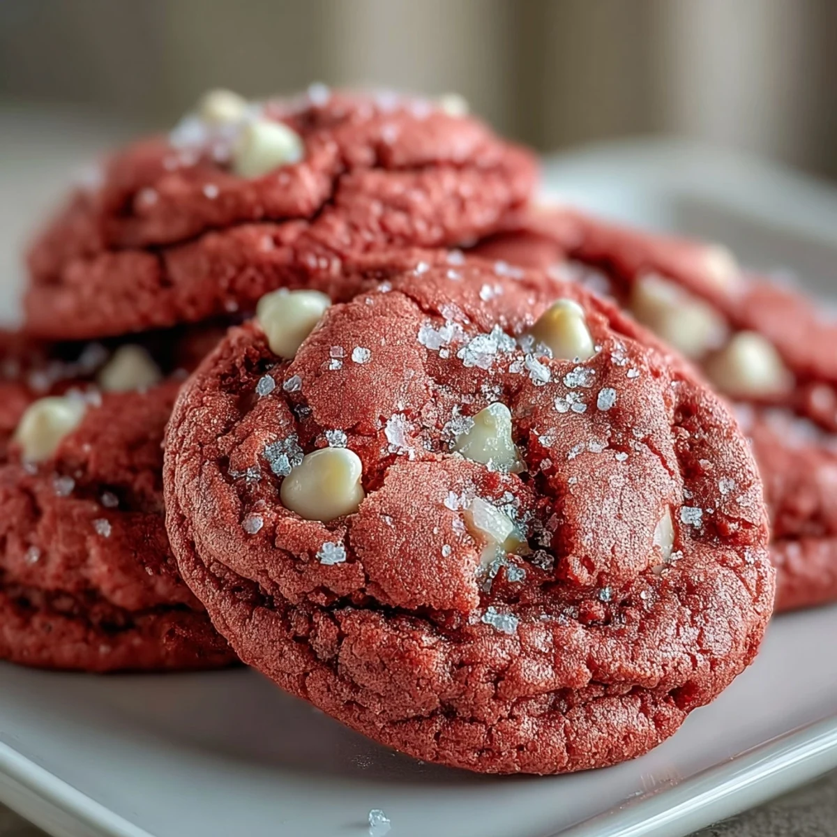 A close-up of soft, chewy pink velvet cookies with melty white chocolate chips, perfect for festive occasions.