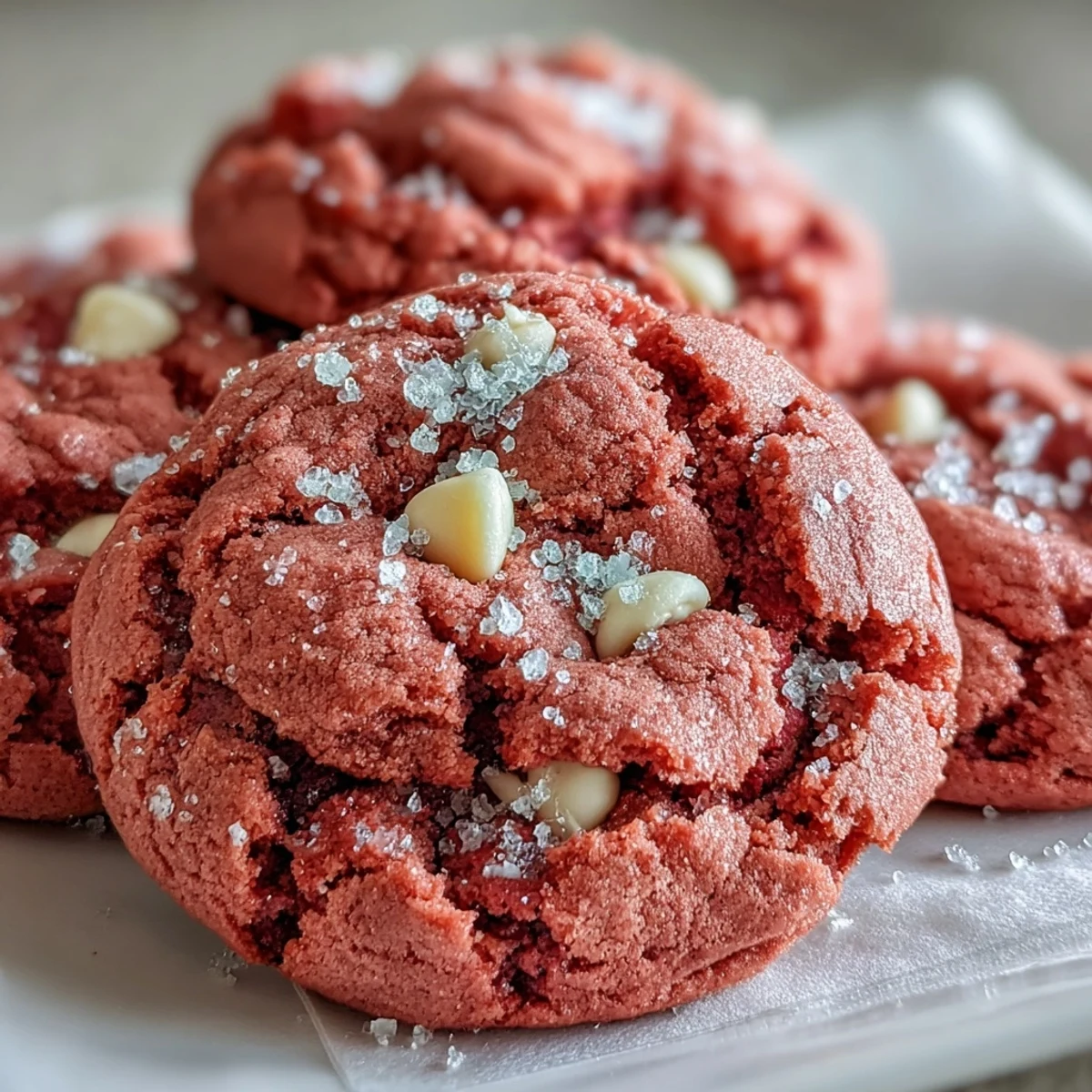 Stack of vibrant pink velvet cookies with white chocolate chips, ready to serve with a glass of cold milk.