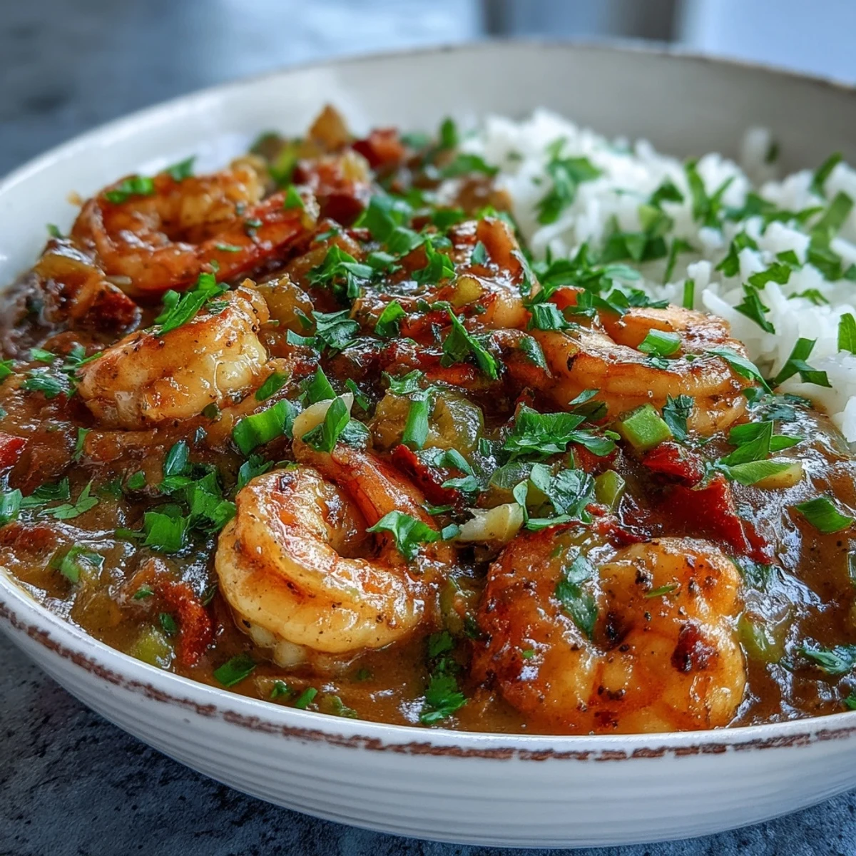 A bowl of Classic New Orleans Étouffée features plump, pink shrimp and a rich, dark roux sauce ladled over fluffy white rice and garnished with fresh green onions.  