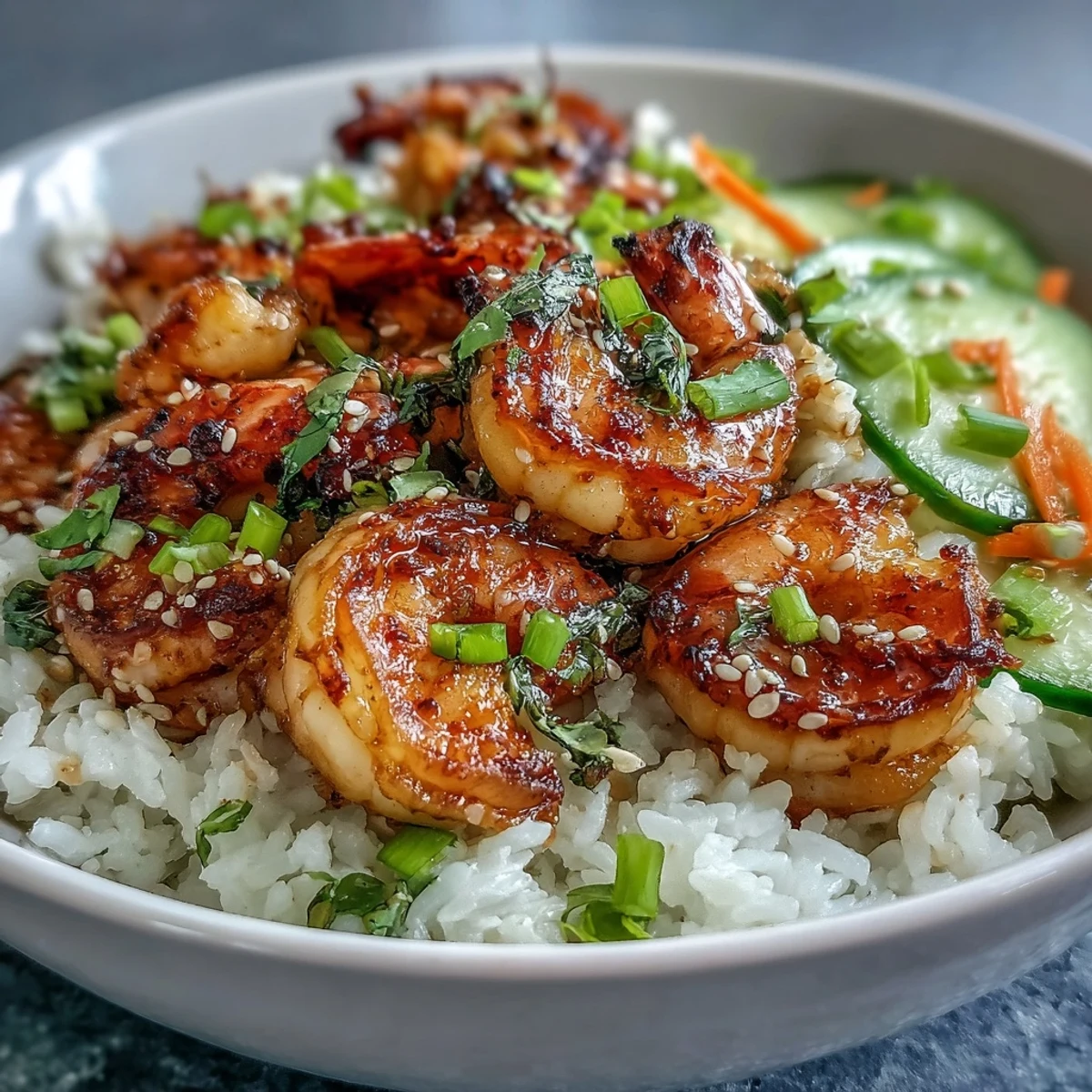 Vibrant Asian Shrimp Bowl featuring juicy grilled shrimp, crunchy cucumber, and julienned carrots, garnished with sesame seeds.  