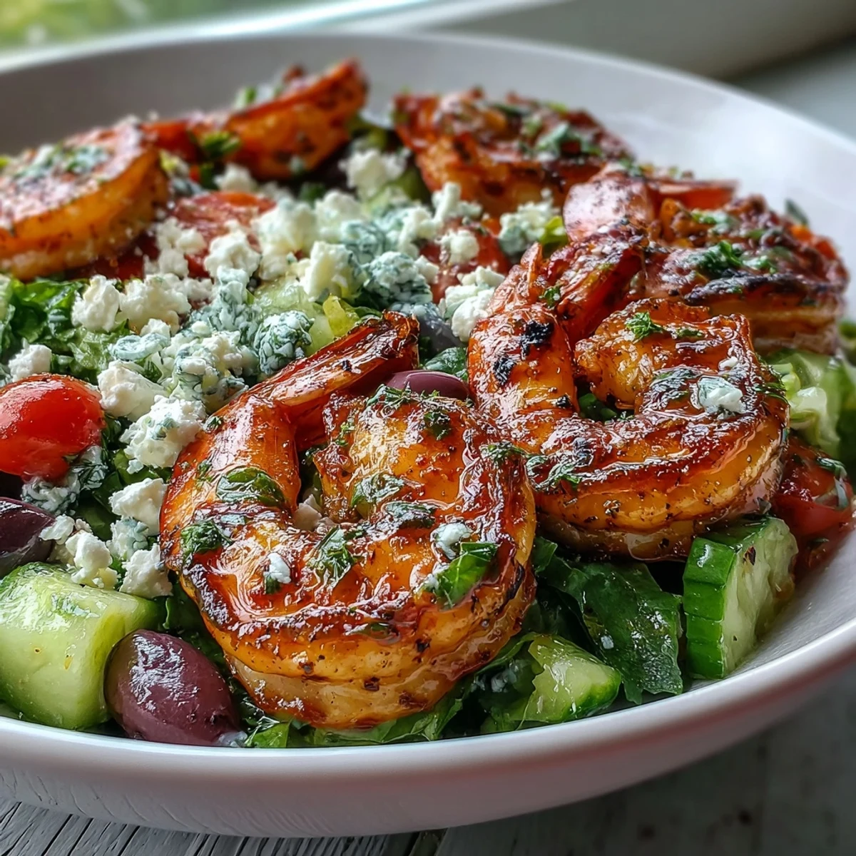 Grilled Greek Shrimp Bowl with feta, cucumbers, tomatoes, olives, and a zesty lemon-olive oil dressing.