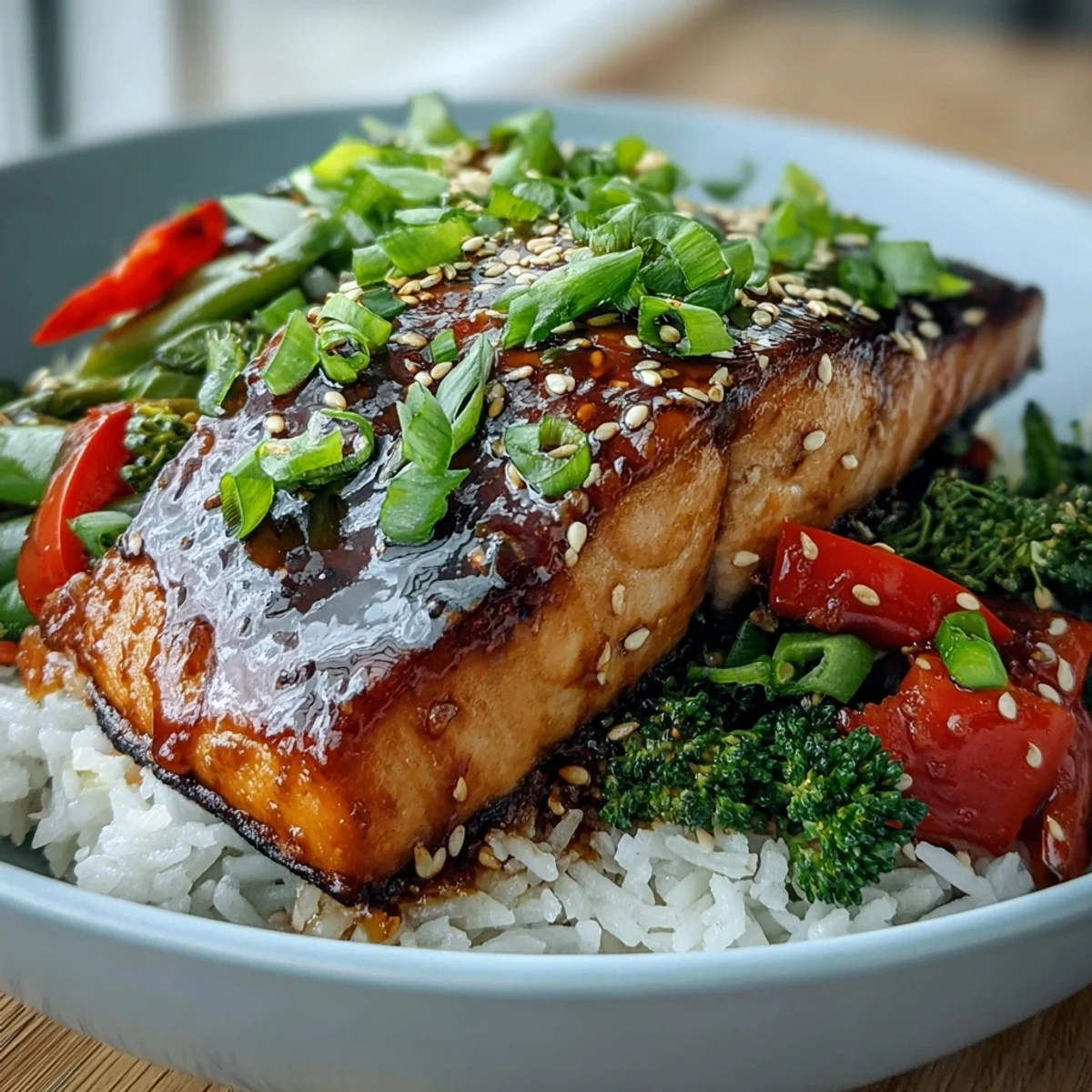 Teriyaki Salmon Bowl featuring savory-sweet glazed salmon, fresh vegetables, and fluffy jasmine rice, perfect for dinner.