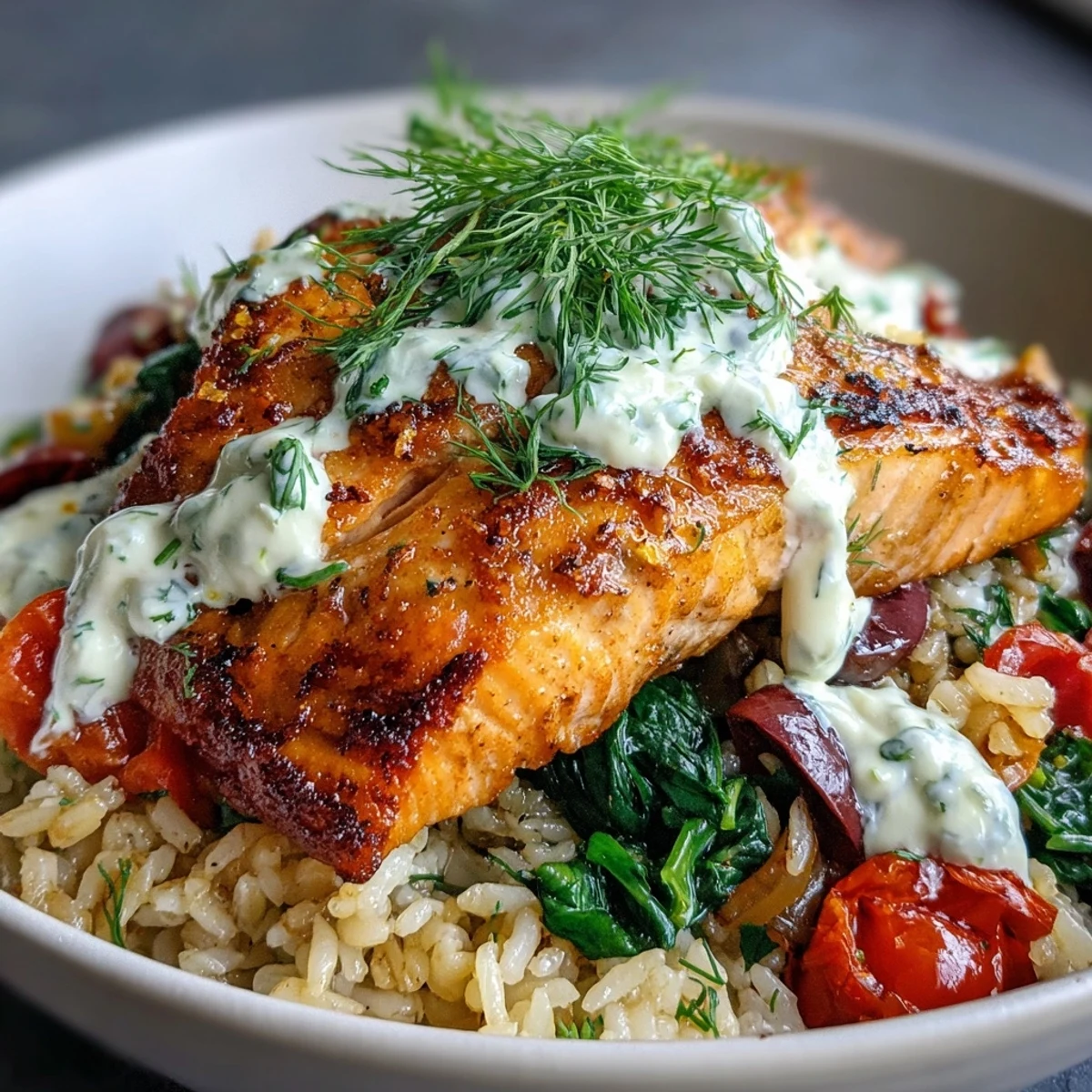 Crispy rice salmon bowl with golden pan-seared salmon, colorful Mediterranean vegetables, and a creamy lemon-yogurt drizzle.