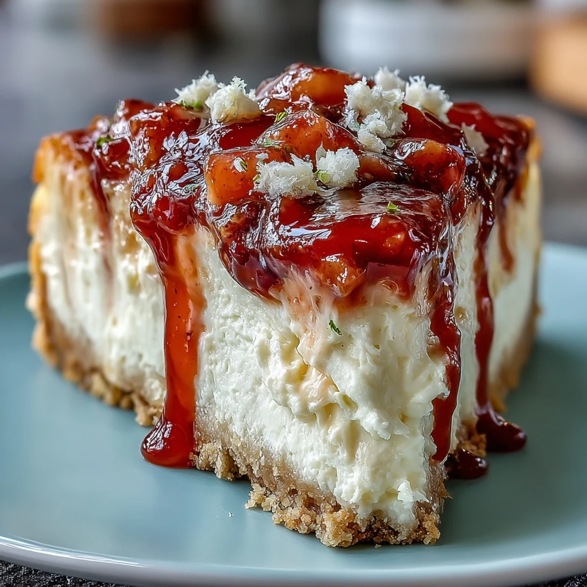 Creamy no-bake Easy Guava Swirl Cheesecake with vibrant pink swirls on a white plate, garnished with fresh mint.