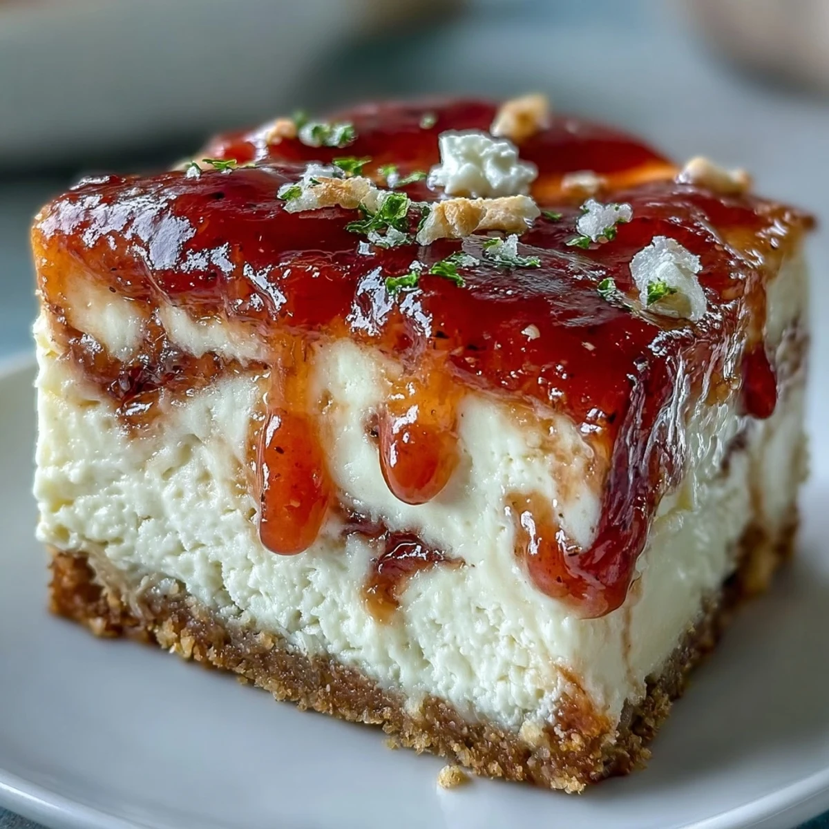Easy Guava Swirl Cheesecake dessert topped with guava marmalade swirls, perfect for summer parties or potlucks.