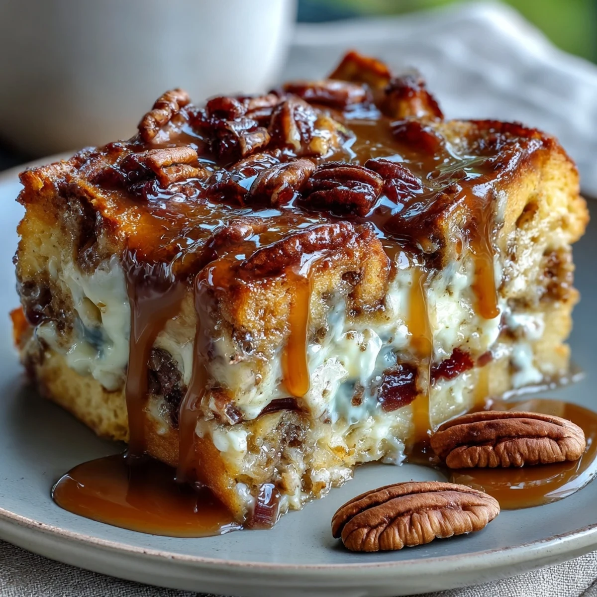 Freshly baked Guava Caramel Bread Pudding With Pecans reveals gooey guava swirls and a crunchy pecan topping.