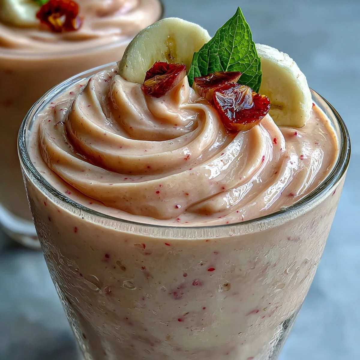 Creamy Guava Banana Smoothie served in a tall glass with a banana slice garnish.