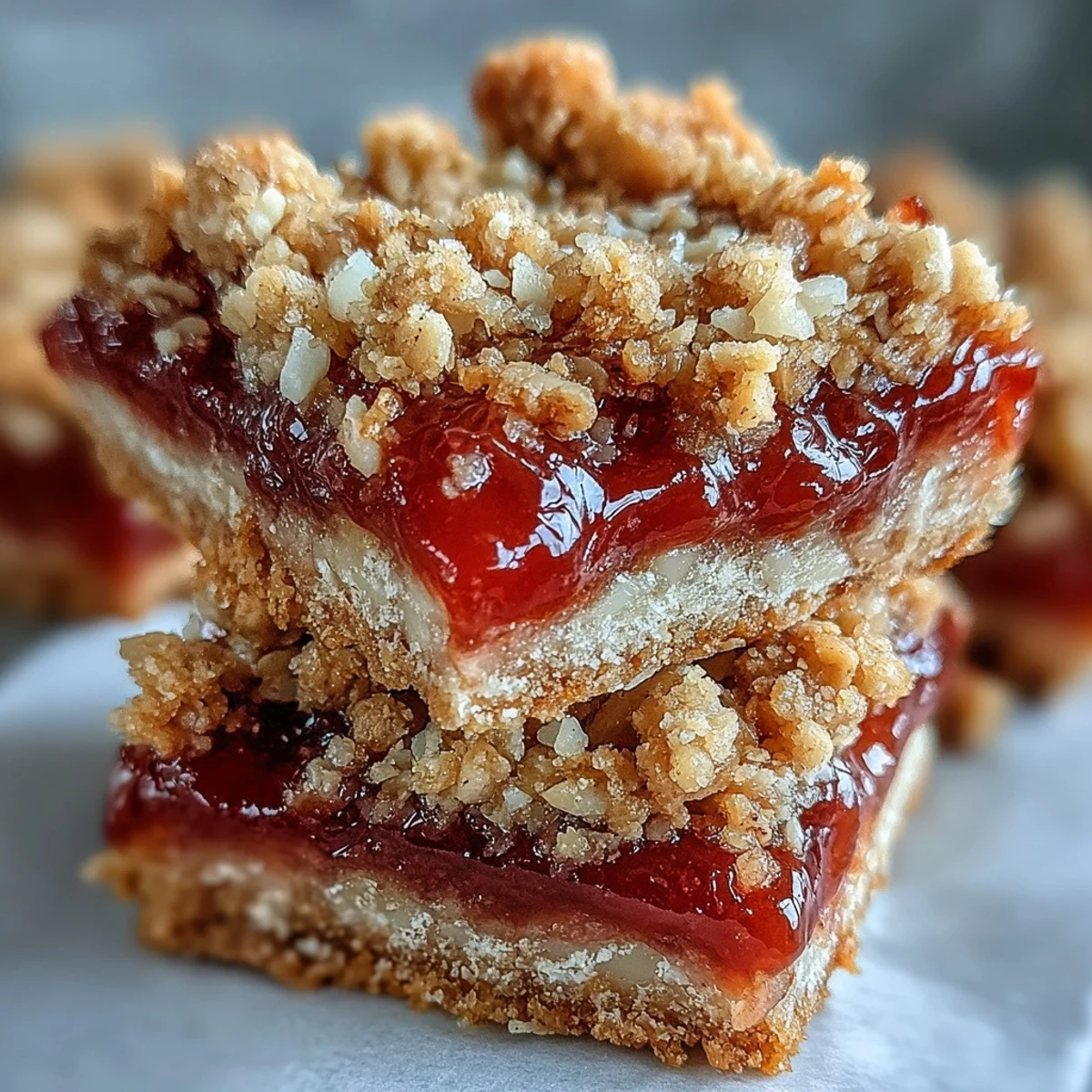 Freshly cut Guava Jam Bars reveal sweet guava filling and a golden coconut macadamia oat crumble.