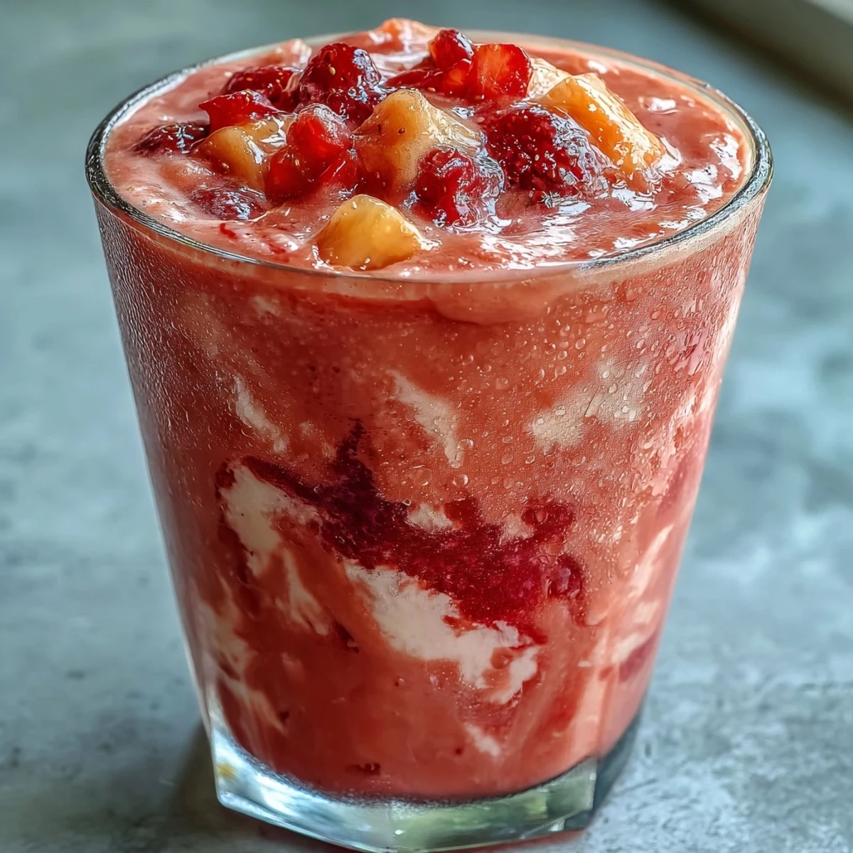 Two glasses of creamy Guava Juice Smoothie topped with fresh mango and strawberries, served with a striped straw and napkin on a sunny kitchen counter. 
