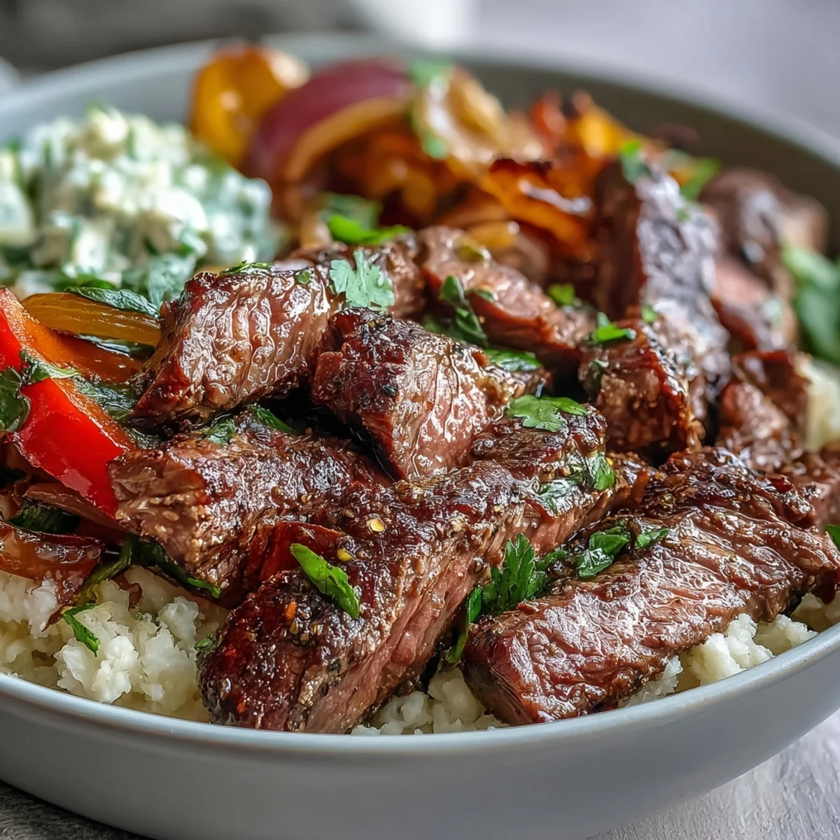 Juicy steak strips and sautéed peppers and onions top a bed of fluffy cauliflower rice in this low-carb Steak Fajita Bowl.