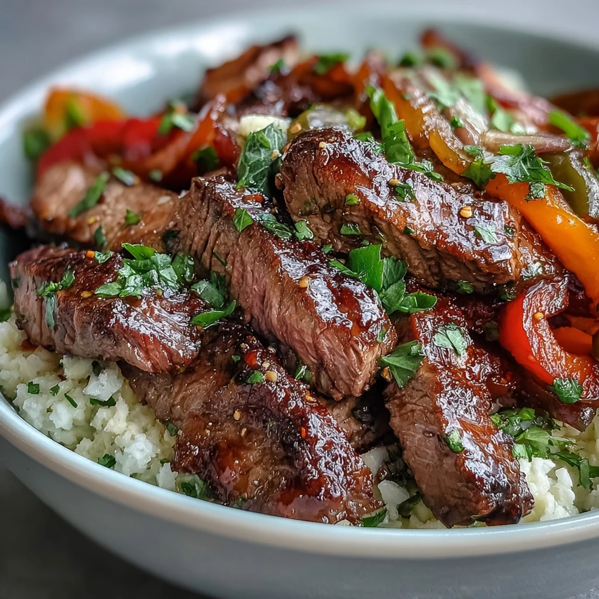 Sliced avocado and a dollop of sour cream finish this hearty Steak Fajita Bowl, served warm with fresh lime wedges.