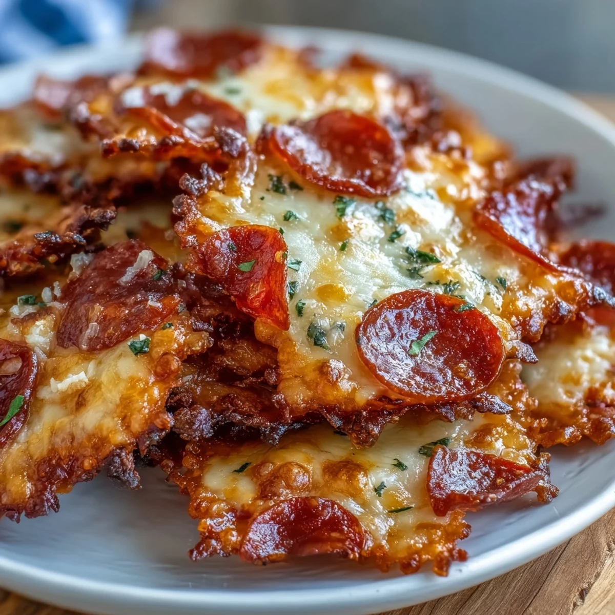 Golden-baked Pepperoni Cheese Crisps fresh from the oven, featuring bubbly, melted cheese over savory pepperoni slices on a baking sheet.