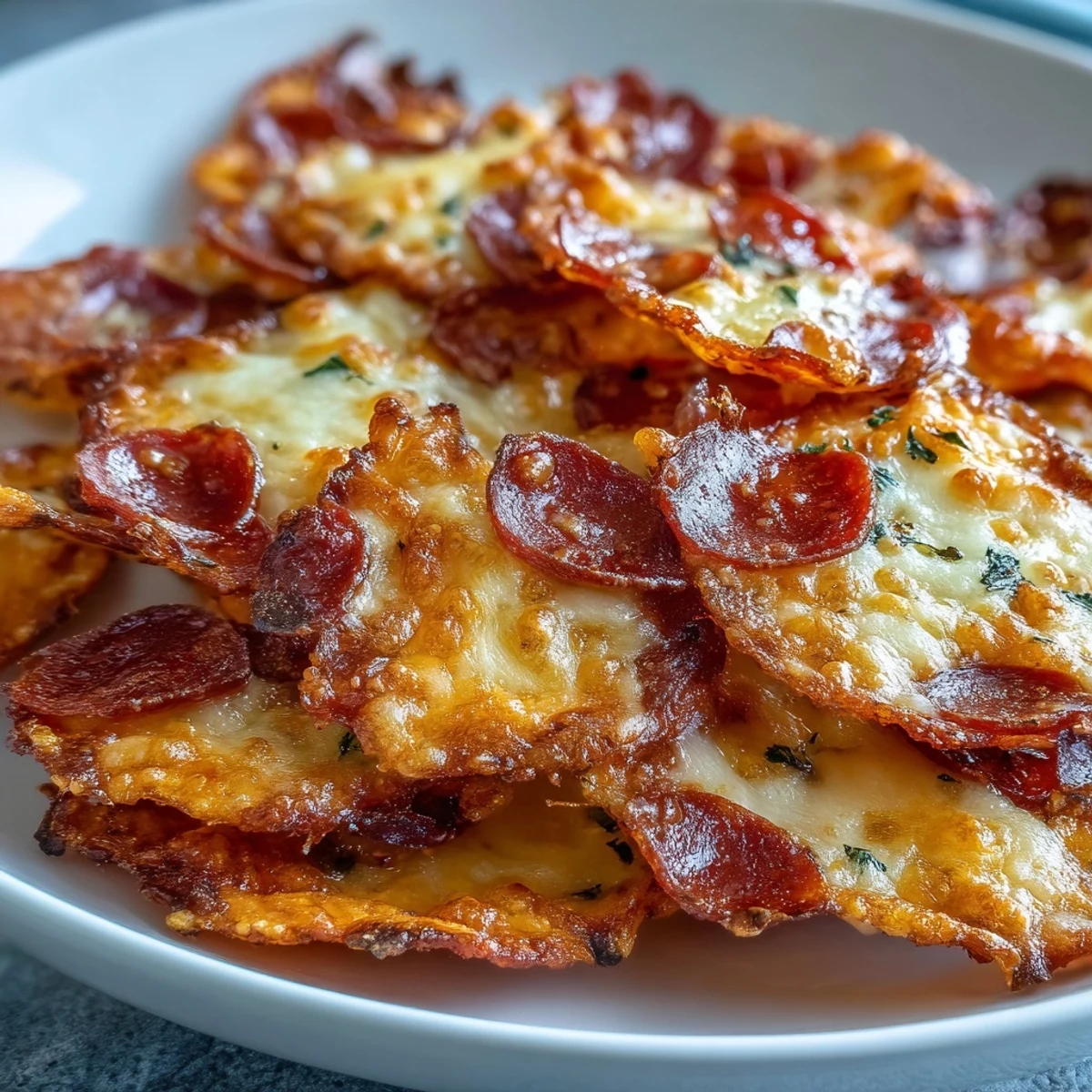 A close-up of Pepperoni Cheese Crisps garnished with fresh parsley, highlighting the delicious texture of melted mozzarella and cheddar.