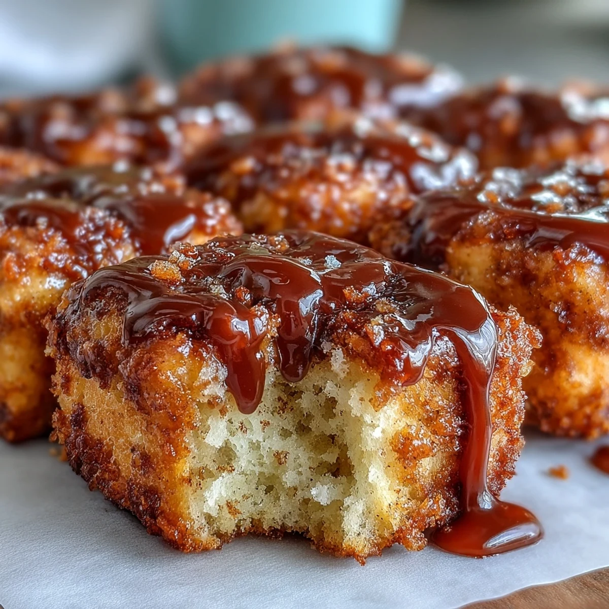 Golden brown Maple Donut Bars sit on a cooling rack with a thick, glossy maple glaze dripping down the sides.