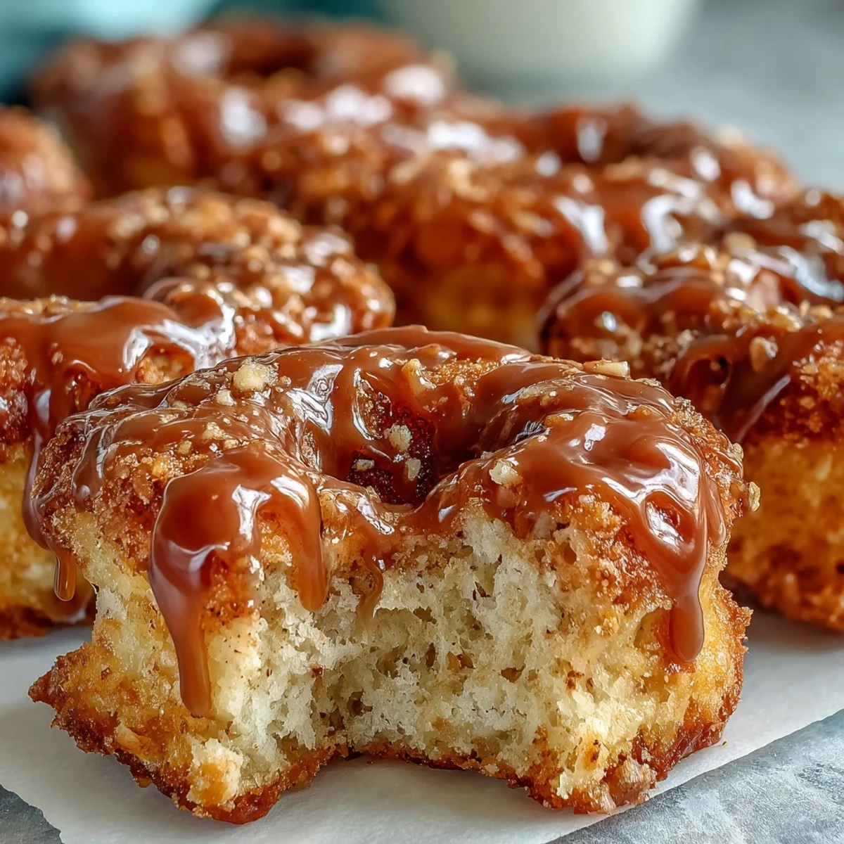 A stack of fluffy Maple Donut Bars is drizzled with extra maple syrup, ready to be served for breakfast.