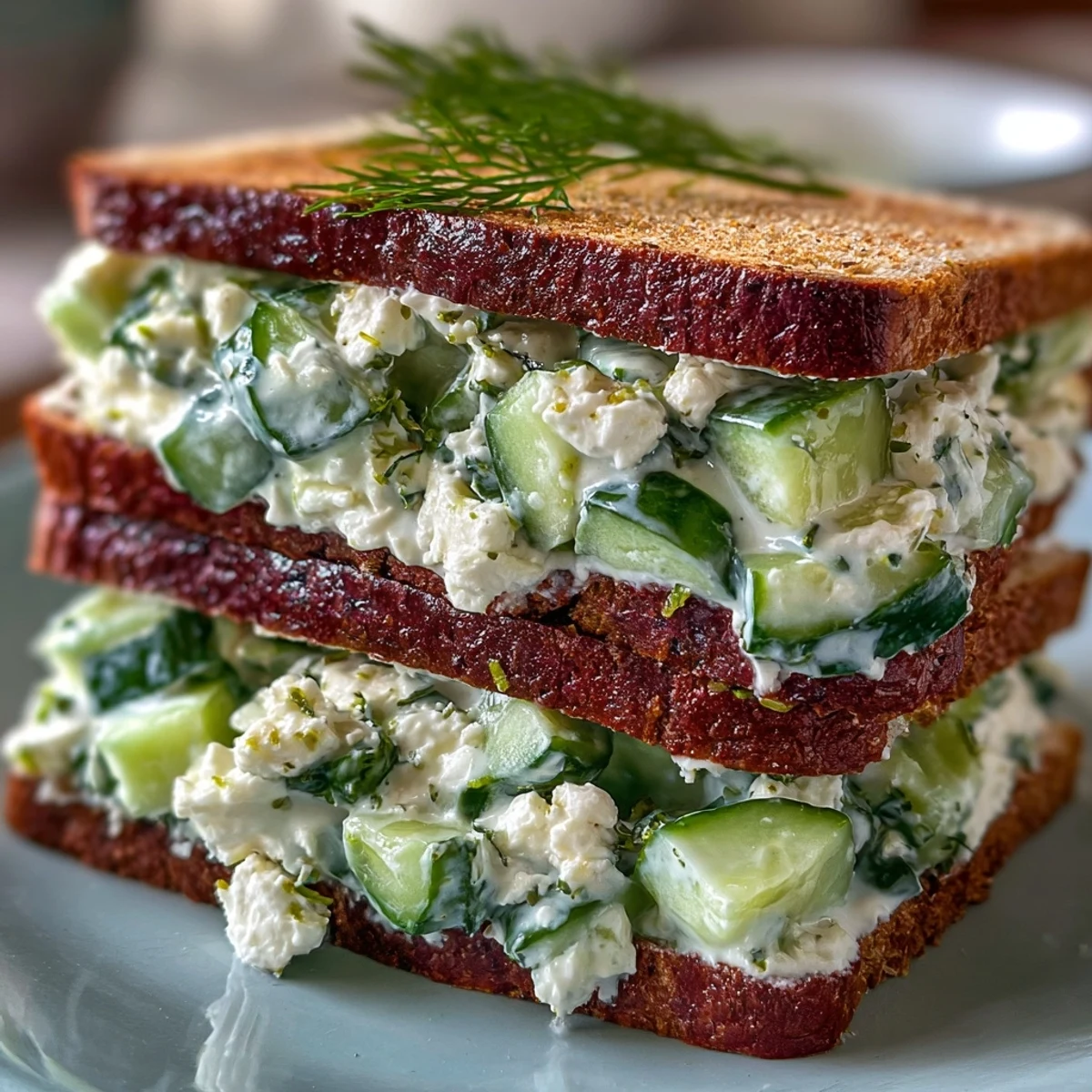 Two halves of an Easy Cucumber Salad Sandwich on a plate, showing creamy Greek yogurt filling with crisp cucumbers and fresh herbs on whole-grain bread.