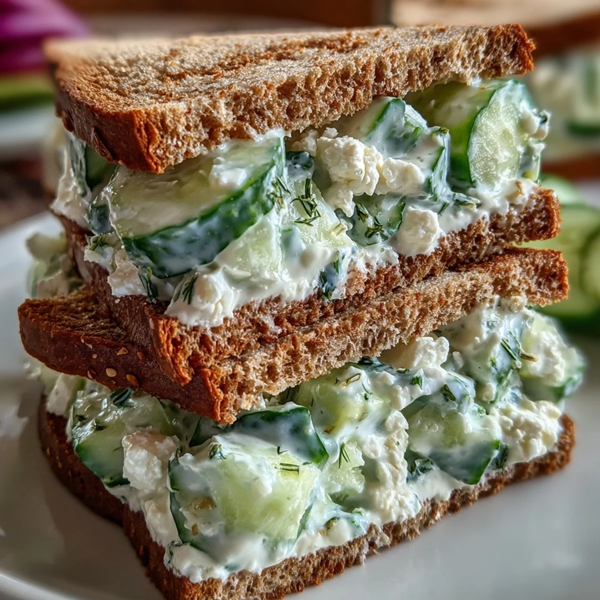 A close-up view of an Easy Cucumber Salad Sandwich layered with alfalfa sprouts and red onion, ready to serve for a light vegetarian lunch.