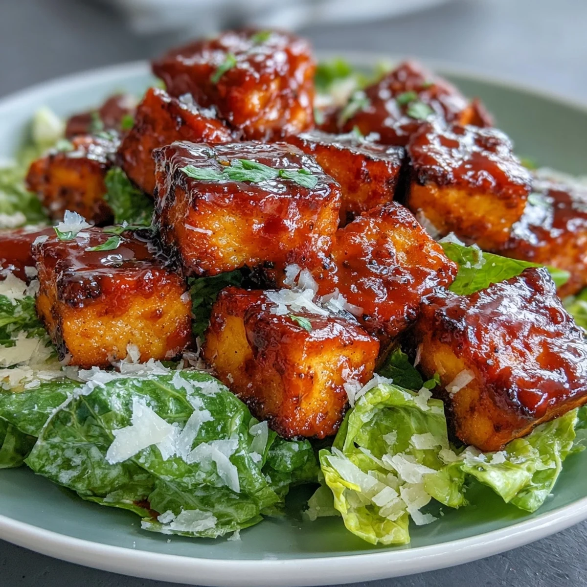 Golden crispy tofu cubes tossed in spicy buffalo sauce atop creamy Caesar salad with croutons.