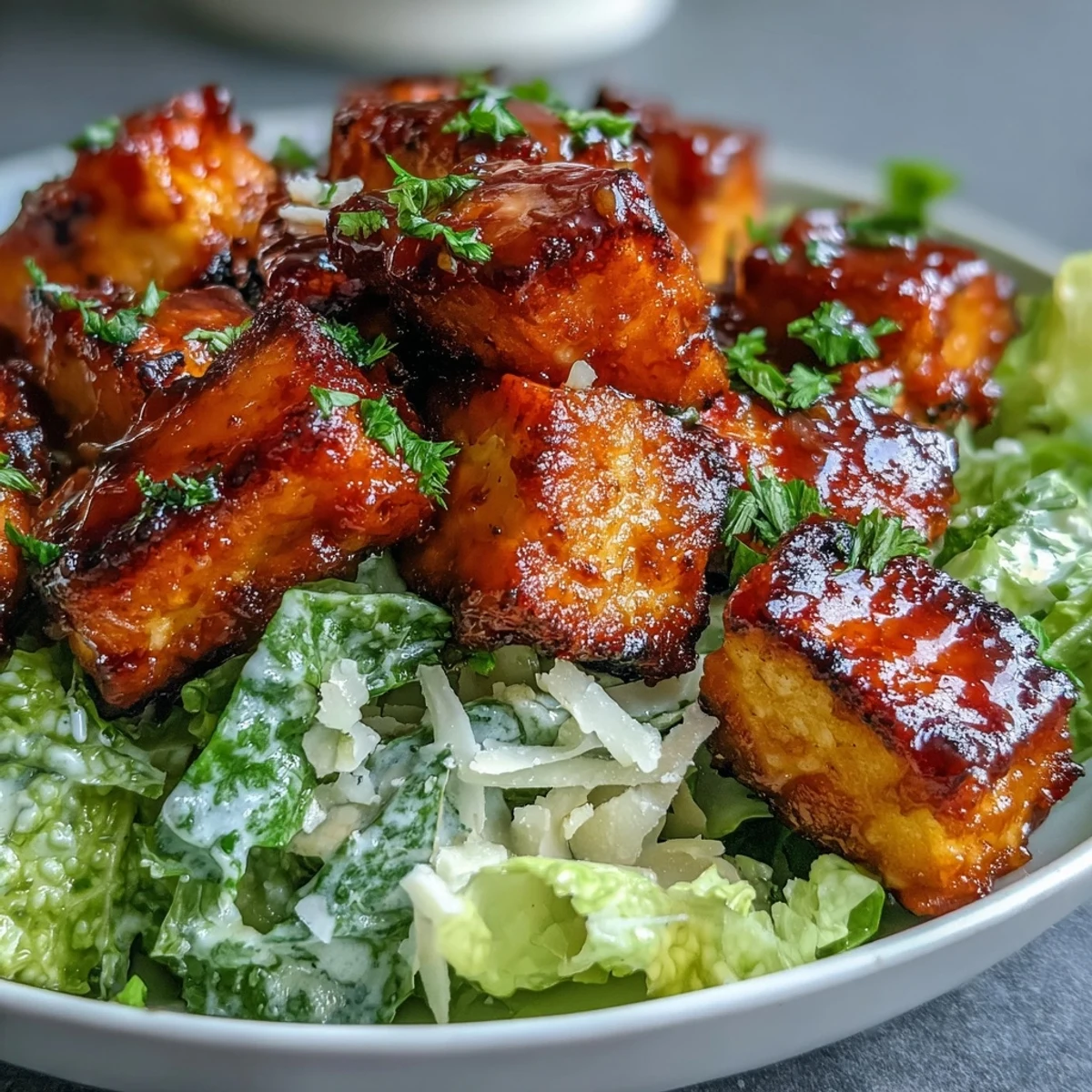 A close-up of saucy buffalo tofu over crunchy romaine and croutons for weeknight dinner.