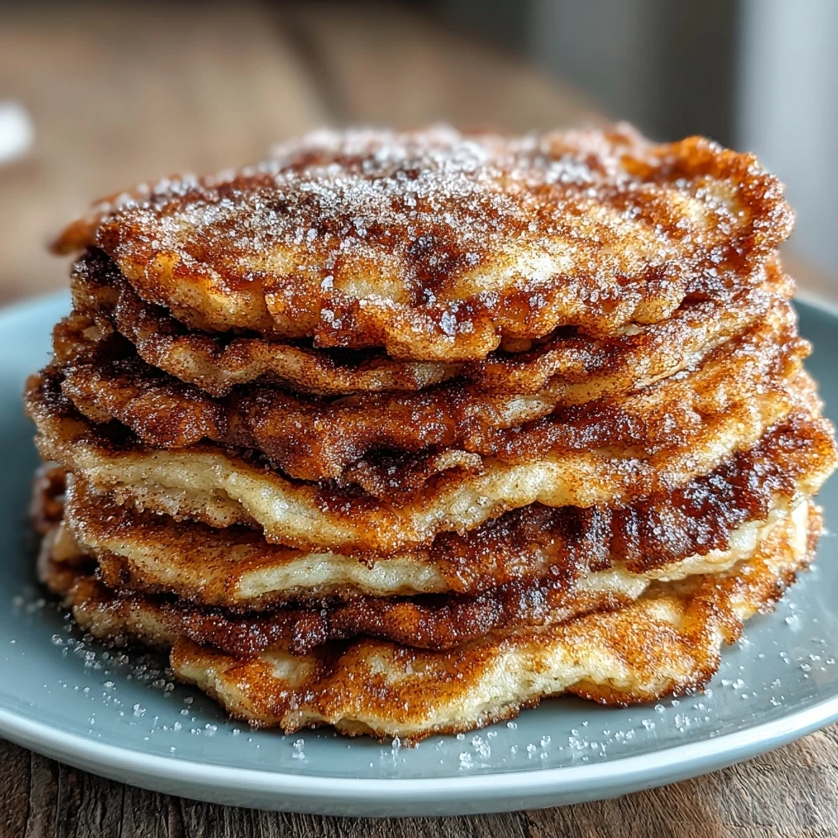 A close-up of fluffy Spanish Churro-Inspired Pancakes, perfect for dipping in warm chocolate sauce.